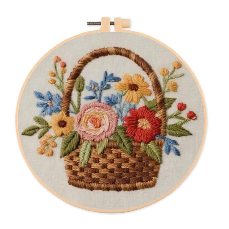 Rubbyoo Embroidery Kit - Blooming Basket Bouquet | Botanical Stitch Design | Charming Decorative Showcase - 20*20cm - image 0