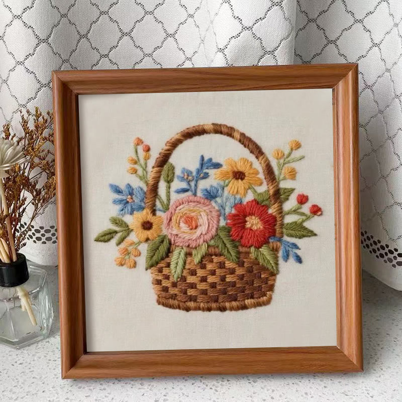 Rubbyoo Embroidery Kit - Blooming Basket Bouquet | Botanical Stitch Design | Charming Decorative Showcase - Embroidery Kit Plus An Extra Frame - image 1