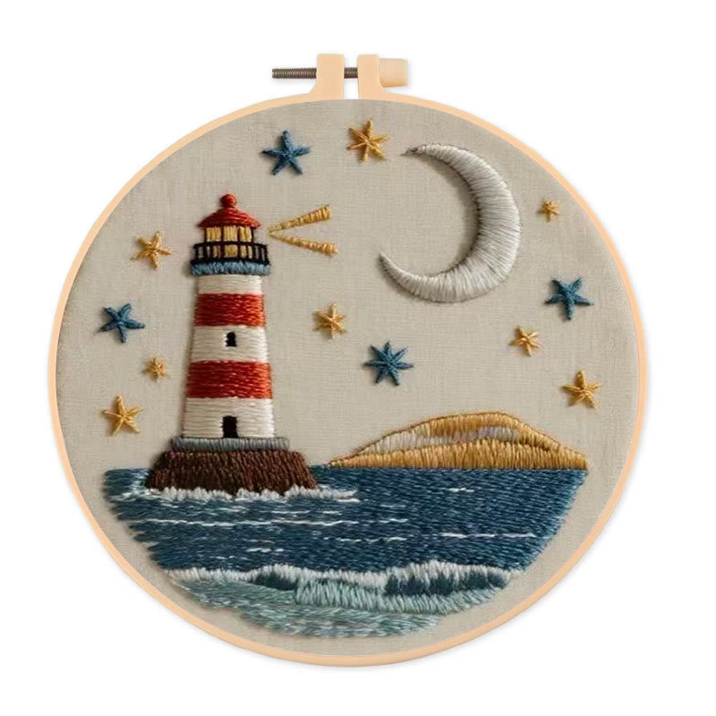 Rubbyoo Embroidery Kit - Nightfall Lighthouse | Ocean-inspired Art | Home Display Piece - 20*20cm - image 0