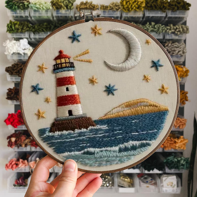 Rubbyoo Embroidery Kit - Nightfall Lighthouse | Ocean-inspired Art | Home Display Piece - image 6
