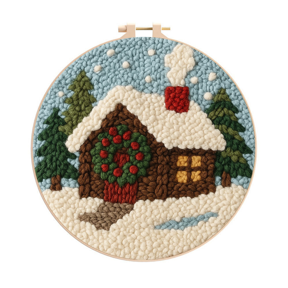 Snowy Cabin Punch Needle Kit – Beginner Winter Project | Handmade Holiday Idea - 8 inch Hoop Kit - image 0