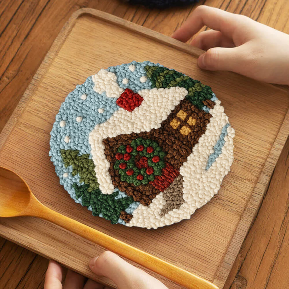 Snowy Cabin Punch Needle Kit – Beginner Winter Project | Handmade Holiday Idea - 5 inch Coaster Kit - image 3