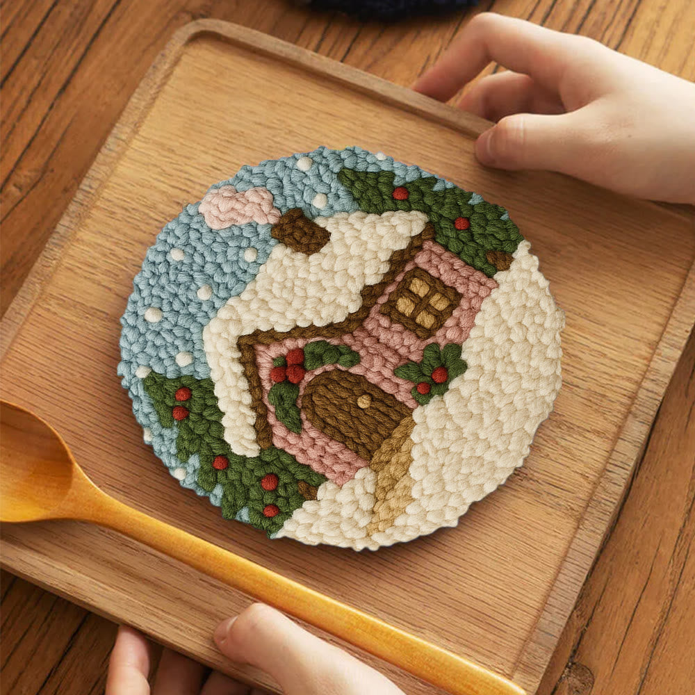 Cozy Pastel Punch Needle Kit – Beginner Snowy Cottage Stitching | Relaxing DIY Craft Experience - 5 inch Coaster Kit - image 3