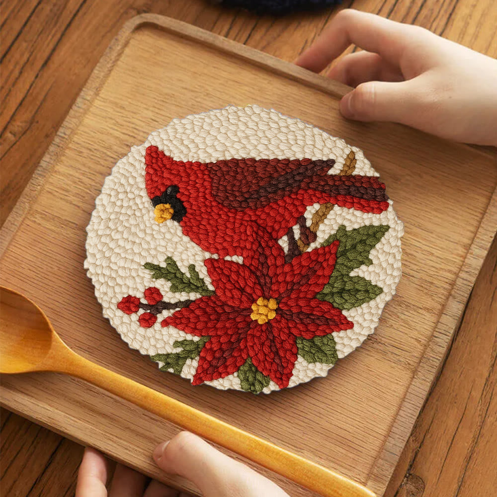 Cardinal Punch Needle Kit – Beginner-Friendly Project | Festive Winter Home Piece - 5 inch Coaster Kit - image 3