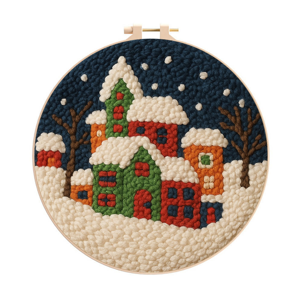 Winter Village Punch Needle Kit – Easy Beginner DIY Set | Winter Home Accent - 8 inch Hoop Kit - image 0