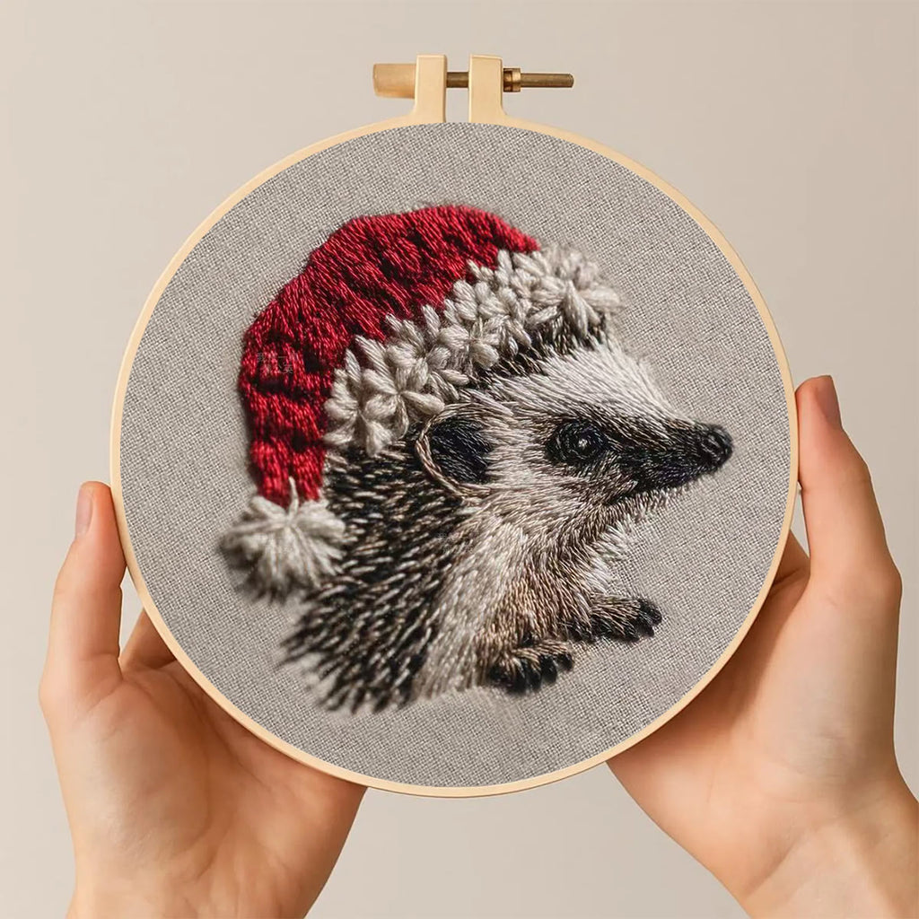 Rubbyoo Embroidery Kit - Hedgehog  Christmas Hat | Winter Woodland Animal | Christmas Stitch Art - image 1