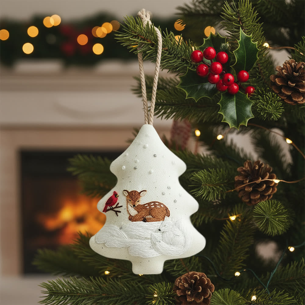 Rubbyoo Tree-shaped Embroidery Kit - Deer And Cardinal Winter | Luxe Detailed Stitchwork | Festive Tree Keepsake - 6 inches hoop kit - image 0