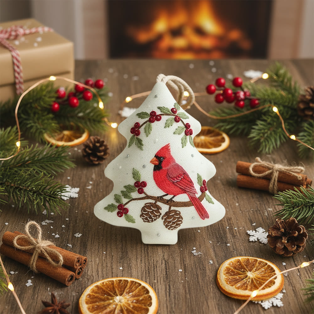 Rubbyoo Tree-shaped Embroidery Kit - Red Cardinal Holly Pinecones | Beginner-Friendly Stitching | Christmas Tree Accent - image 6