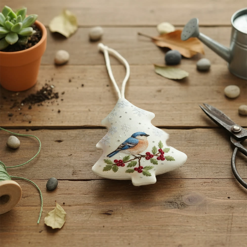 Rubbyoo Tree-shaped Embroidery Kit - Winter Bluebird Berry | Delicate Bird-Themed Stitching | Elegant Ornament Gift - image 2