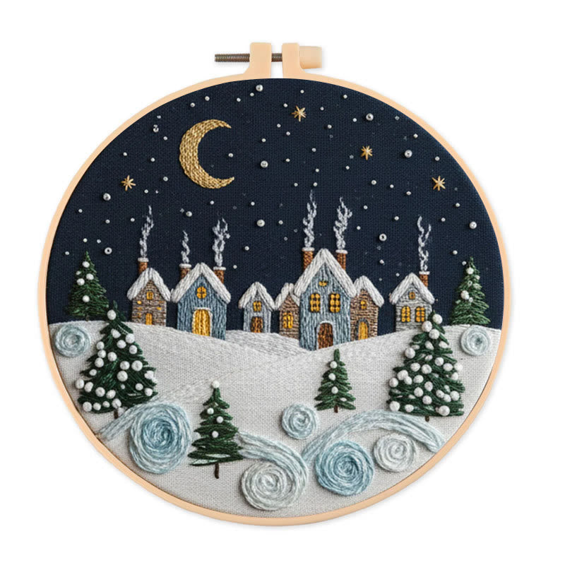 Rubbyoo Embroidery Kit - Moonlit Snow Town | Cozy Home Ornament | Hand Stitch Craft - 20*20cm - image 0