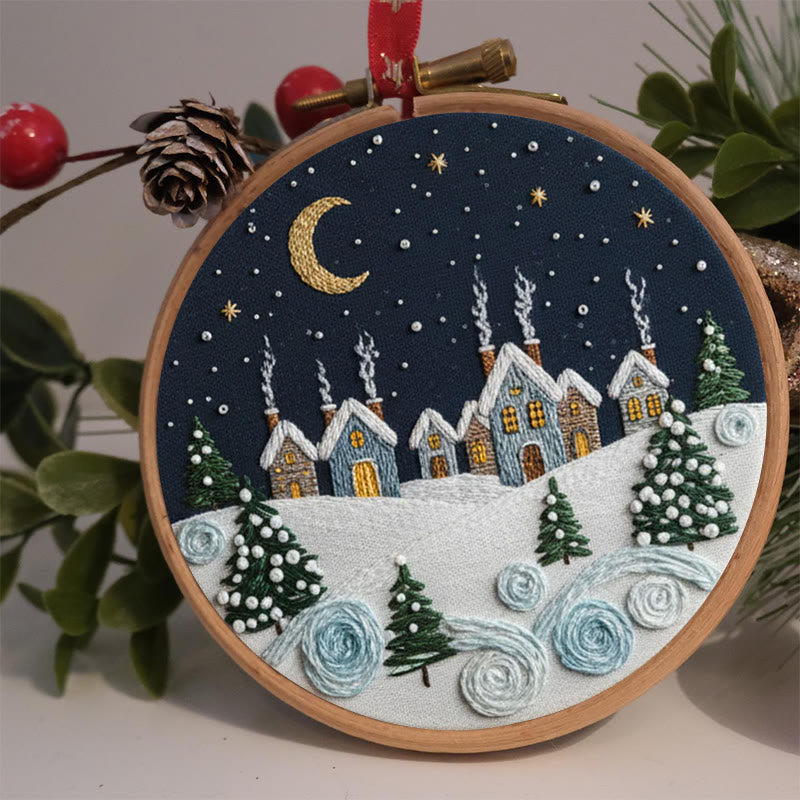 Rubbyoo Embroidery Kit - Moonlit Snow Town | Cozy Home Ornament | Hand Stitch Craft - image 1