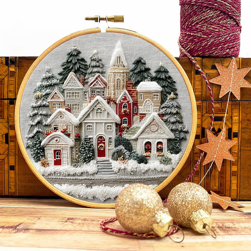 Rubbyoo Embroidery Kit - Snowy Christmas Townscape | Top Festive Gifting Option | Modern Embroidery - image 1