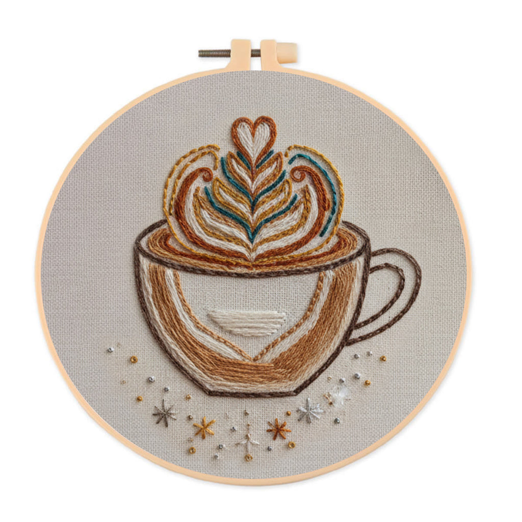 Rubbyoo Embroidery Kit - Latte Art Coffee Cup | Novice-Friendly Handcraft Project | Warm Textured Embroidery Piece - 20*20cm - image 0