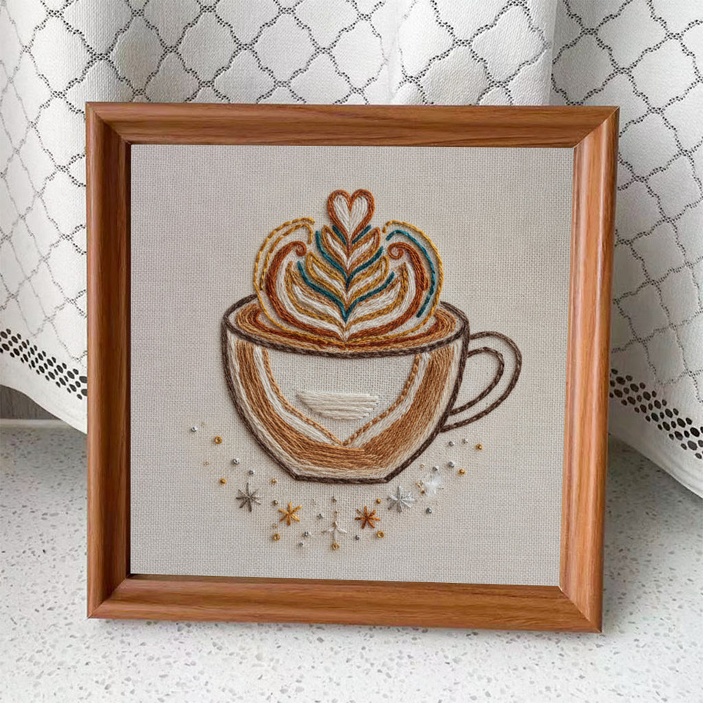 Rubbyoo Embroidery Kit - Latte Art Coffee Cup | Novice-Friendly Handcraft Project | Warm Textured Embroidery Piece - Embroidery Kit Plus An Extra Frame - image 3