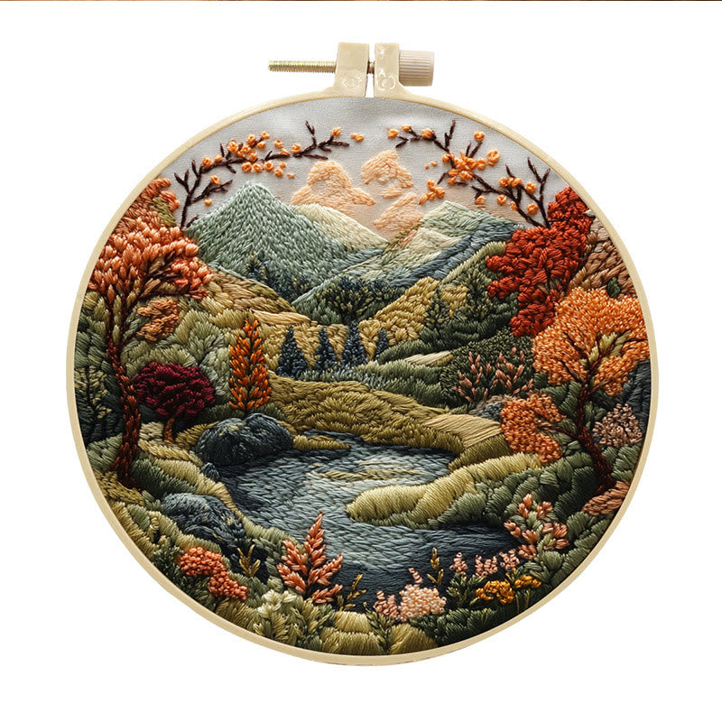 Rubbyoo Embroidery Kit - Floral Mountain Scenery | Charming Needle Art | Nice Handmade Gift - 15*15cm - #1 - image 1