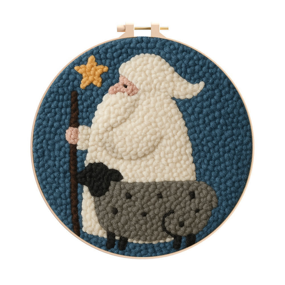 Warm Shepherd With Star Punch Needle Kit – Cozy Diy Craft Project | Festive Holiday-inspired Wall Art - 8 inch Hoop Kit - image 0