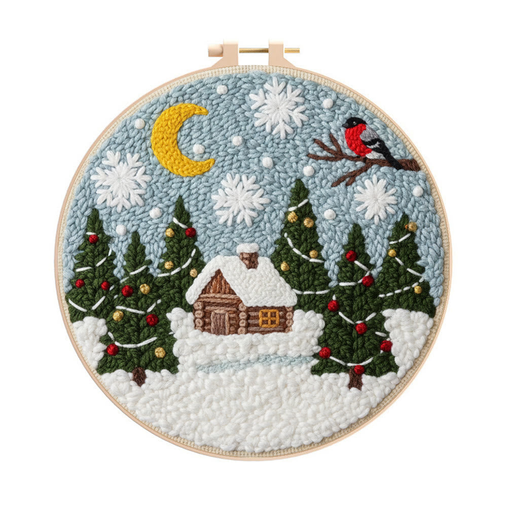 Christmas Snow Cottage Punch Needle Kit – Beginner Craft | Charming Christmas Wall Decor - 8 inch Hoop Kit - image 0