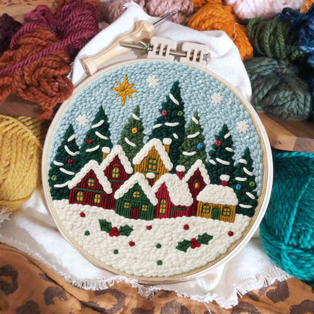Twinkling Snowy Village Punch Needle Kit – Handmade Gift | Charming Seasonal Wall Piece - image 1