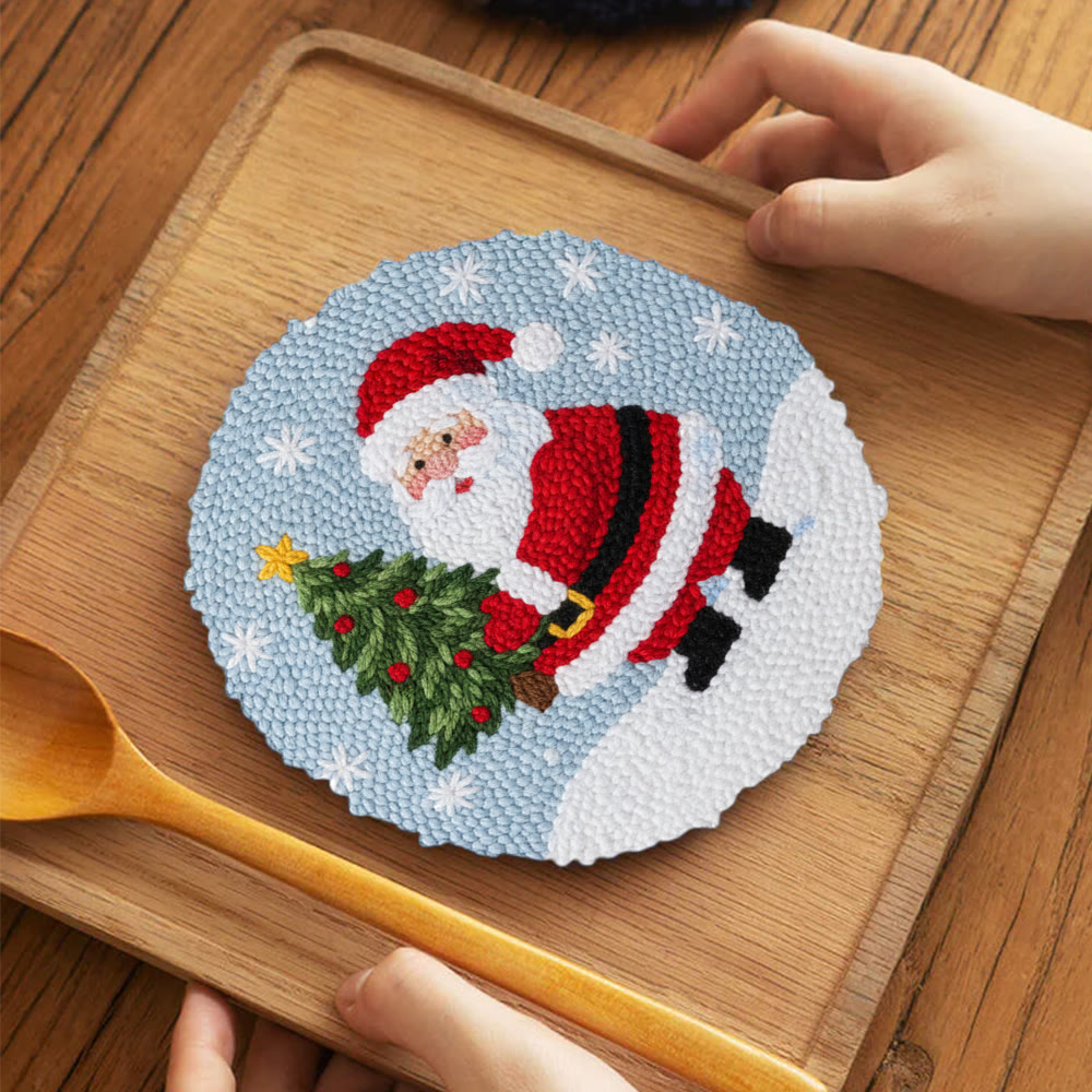 Snowy Santa With Christmas Tree Punch Needle Kit – Artisanal Gift | Cheerful Holiday Decor - 5 inch Coaster Kit - image 3