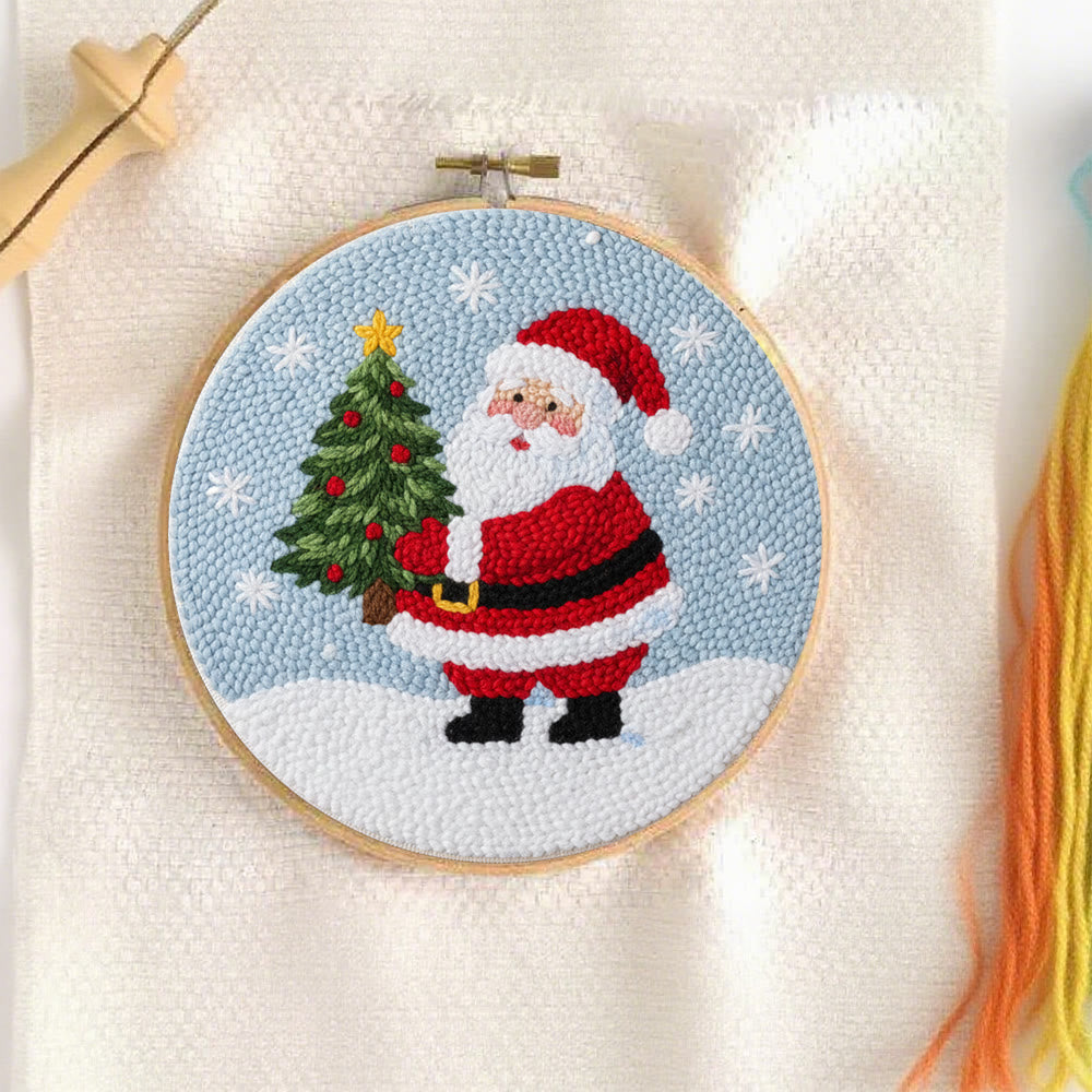 Snowy Santa With Christmas Tree Punch Needle Kit – Artisanal Gift | Cheerful Holiday Decor - image 1