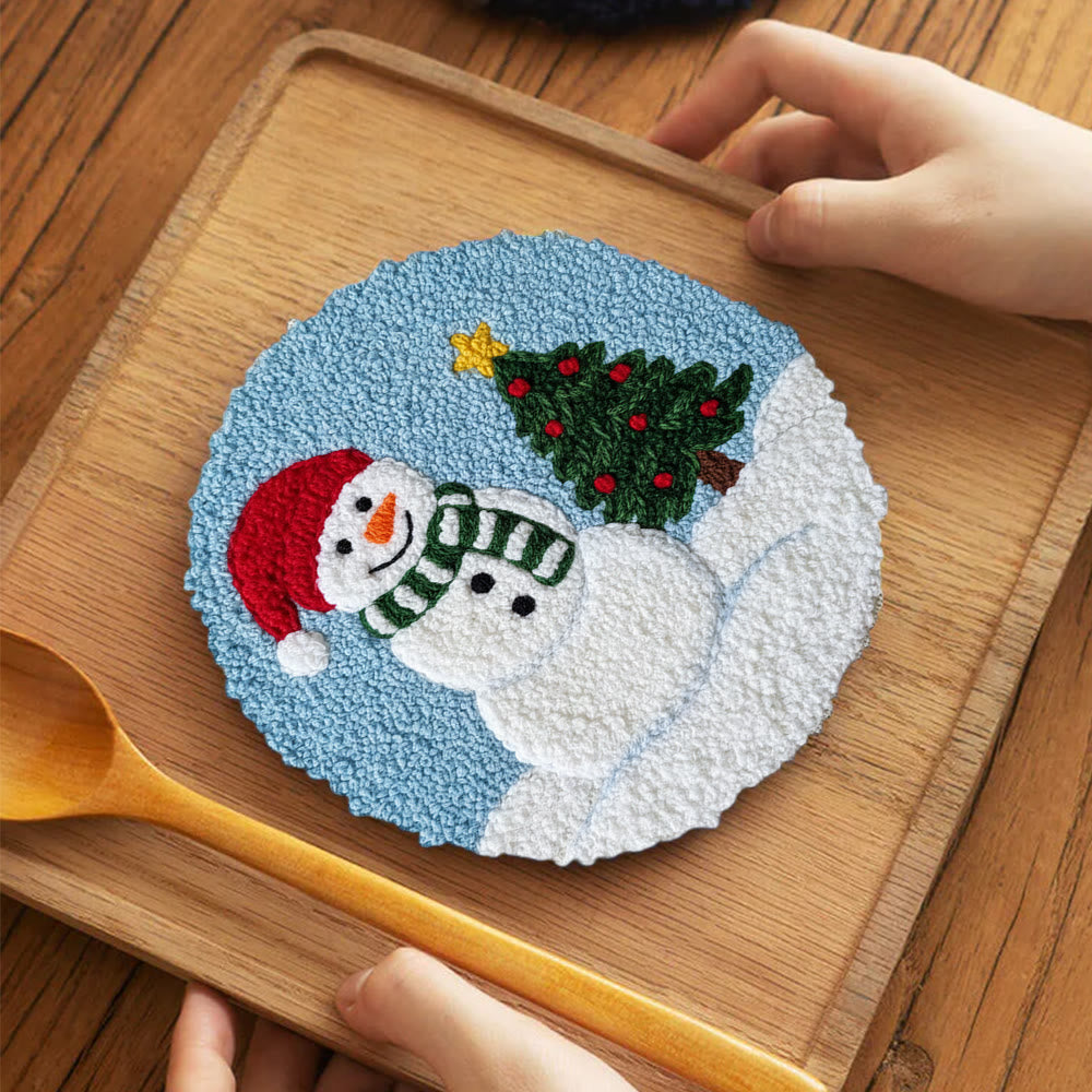 Santa-hatted Snowman Tree Punch Needle Kit – Beginner Craftwork | Festive Decor Piece - 5 inch Coaster Kit - image 3