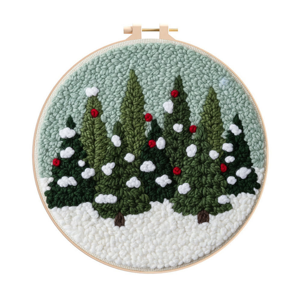 Snowy Pine Grove Punch Needle Kit – Gift for Her | Home Hanging Decor - 8 inch Hoop Kit - image 0