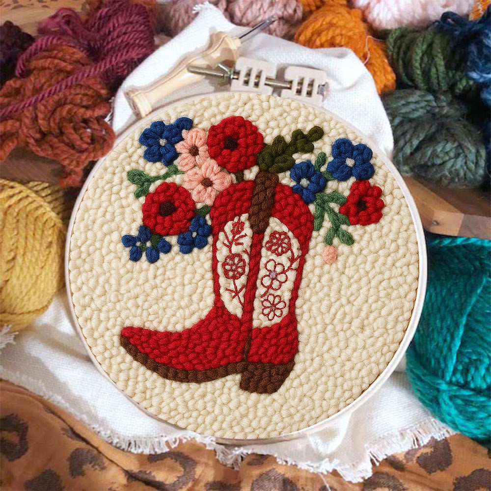 Floral Red Cowboy Boot Punch Needle Kit – Beginner Starter Handcraft | Room Decor Accent - image 2