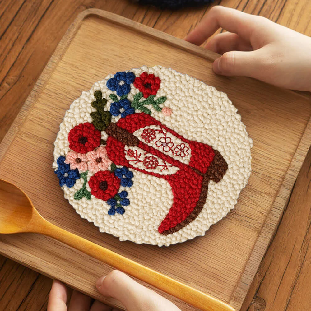 Floral Red Cowboy Boot Punch Needle Kit – Beginner Starter Handcraft | Room Decor Accent - 5 inch Coaster Kit - image 3