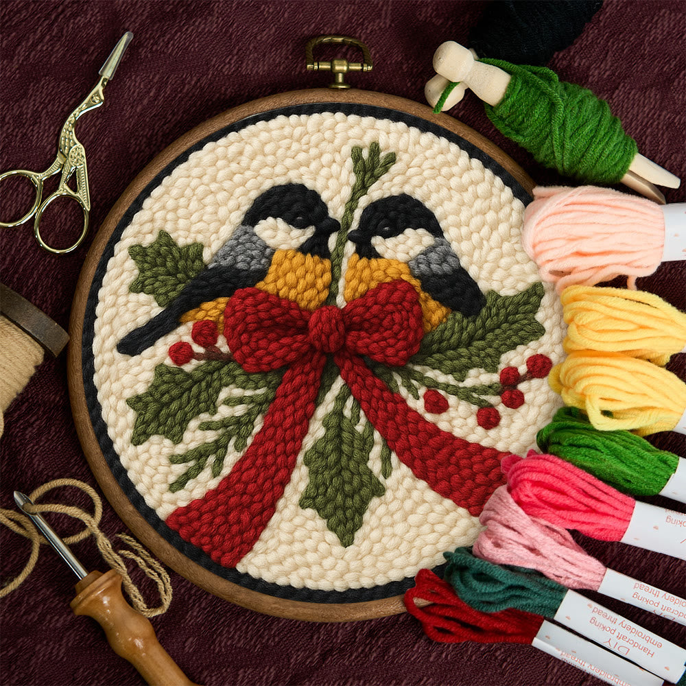 Twin Chickadees Holly Punch Needle Kit – Entry-Level Handcraft | Christmas Home Hanging Craft - image 10