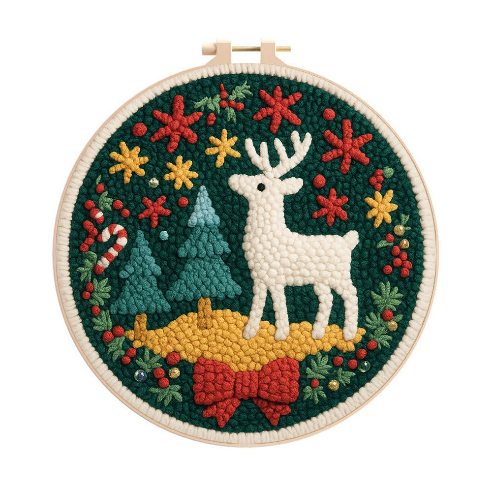 Jolly White Reindeer Christmas Punch Needle Kit – Exquisite Decor Piece | Ideal Gift For Her - 8 inch Hoop Kit - image 0