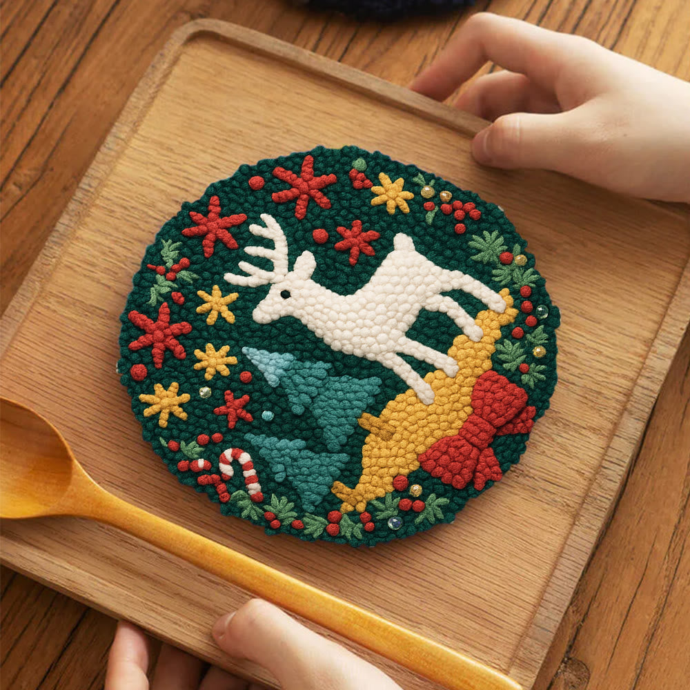 Jolly White Reindeer Christmas Punch Needle Kit – Exquisite Decor Piece | Ideal Gift For Her - 5 inch Coaster Kit - image 3