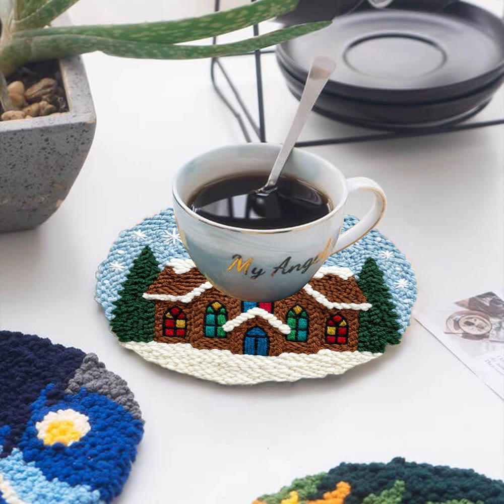 Snowy Stained-glass Church Punch Needle Kit – Novice Needlecraft Hoop | Cozy Winter Home Hanging - image 4