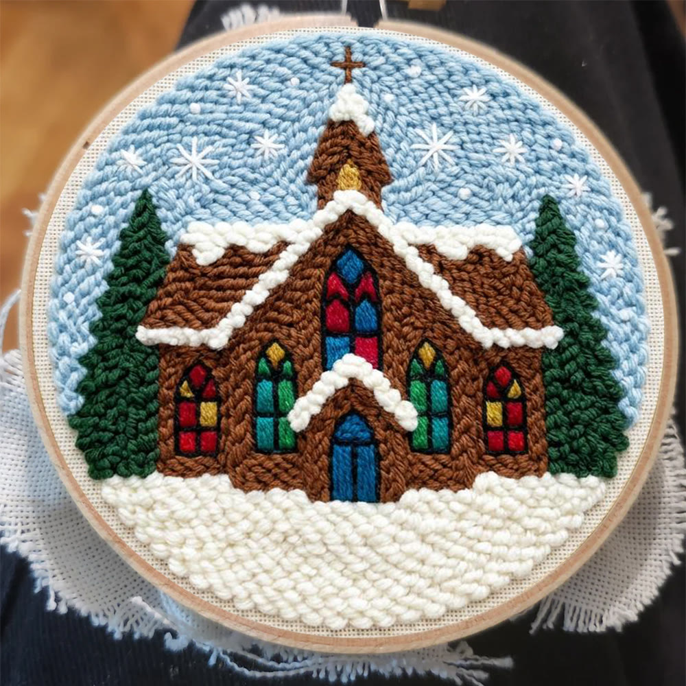 Snowy Stained-glass Church Punch Needle Kit – Novice Needlecraft Hoop | Cozy Winter Home Hanging - image 5
