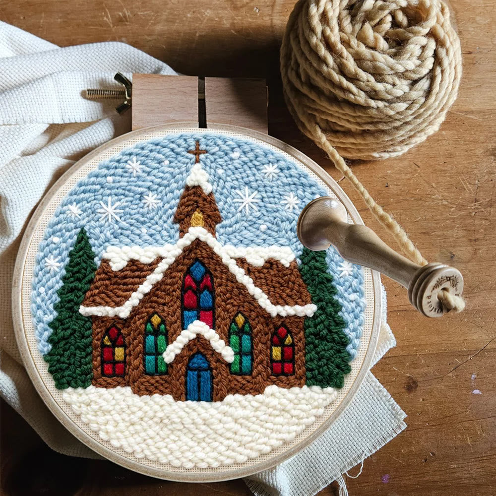 Snowy Stained-glass Church Punch Needle Kit – Novice Needlecraft Hoop | Cozy Winter Home Hanging - image 7