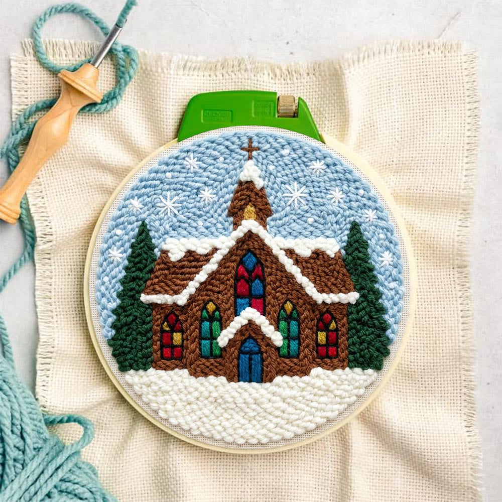 Snowy Stained-glass Church Punch Needle Kit – Novice Needlecraft Hoop | Cozy Winter Home Hanging - image 6