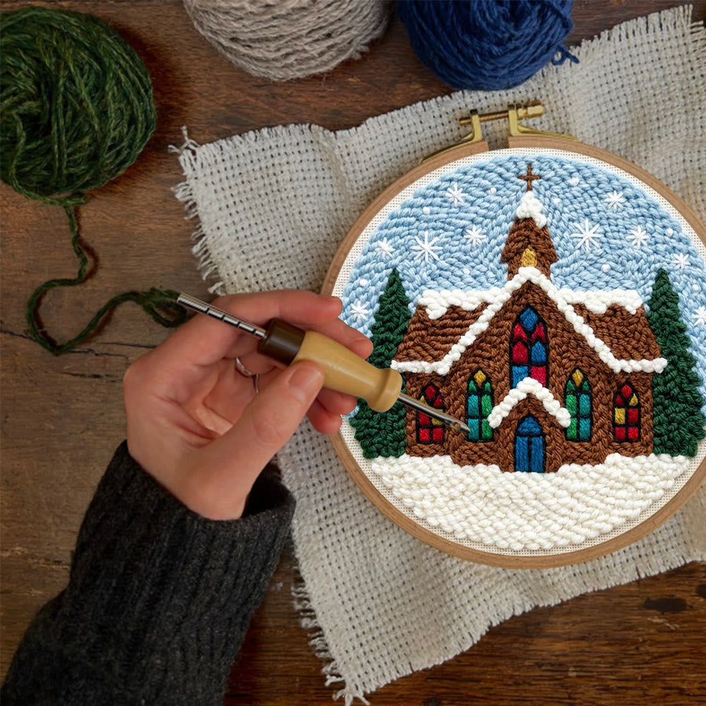 Snowy Stained-glass Church Punch Needle Kit – Novice Needlecraft Hoop | Cozy Winter Home Hanging - image 11