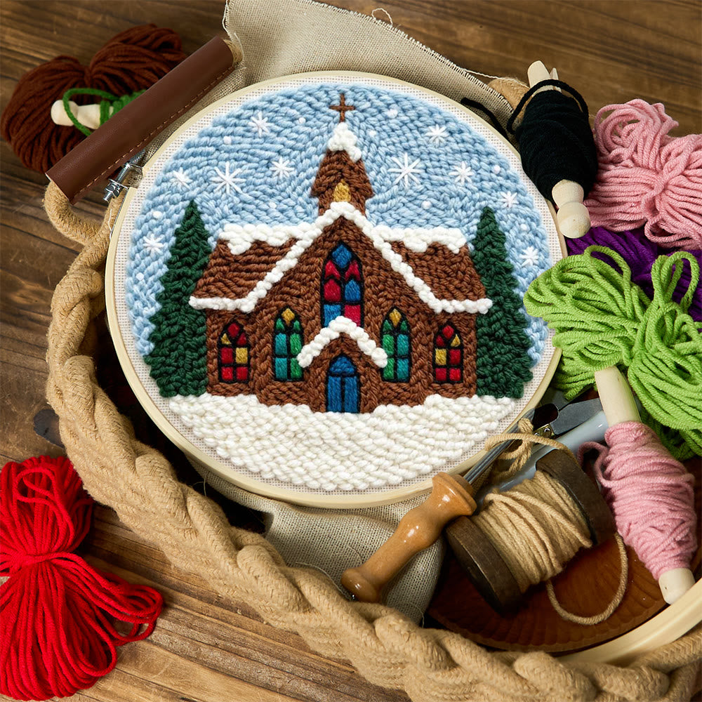 Snowy Stained-glass Church Punch Needle Kit – Novice Needlecraft Hoop | Cozy Winter Home Hanging - image 10