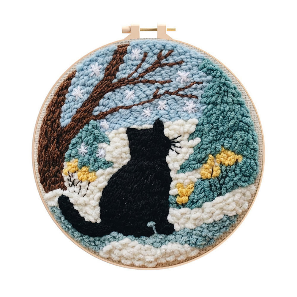 Snowy Winter Black Cat Punch Needle Kit – Starter Hoop Craft | Wintry Home Accent - 8 inch Hoop Kit - image 0