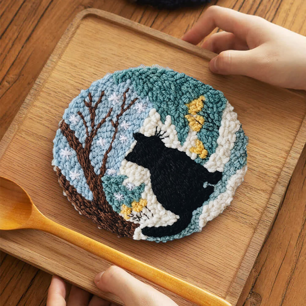 Snowy Winter Black Cat Punch Needle Kit – Starter Hoop Craft | Wintry Home Accent - 5 inch Coaster Kit - image 3