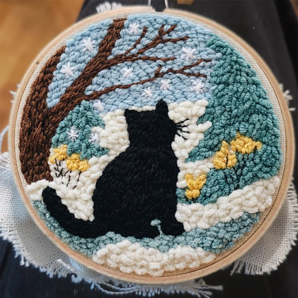 Snowy Winter Black Cat Punch Needle Kit – Starter Hoop Craft | Wintry Home Accent - image 2