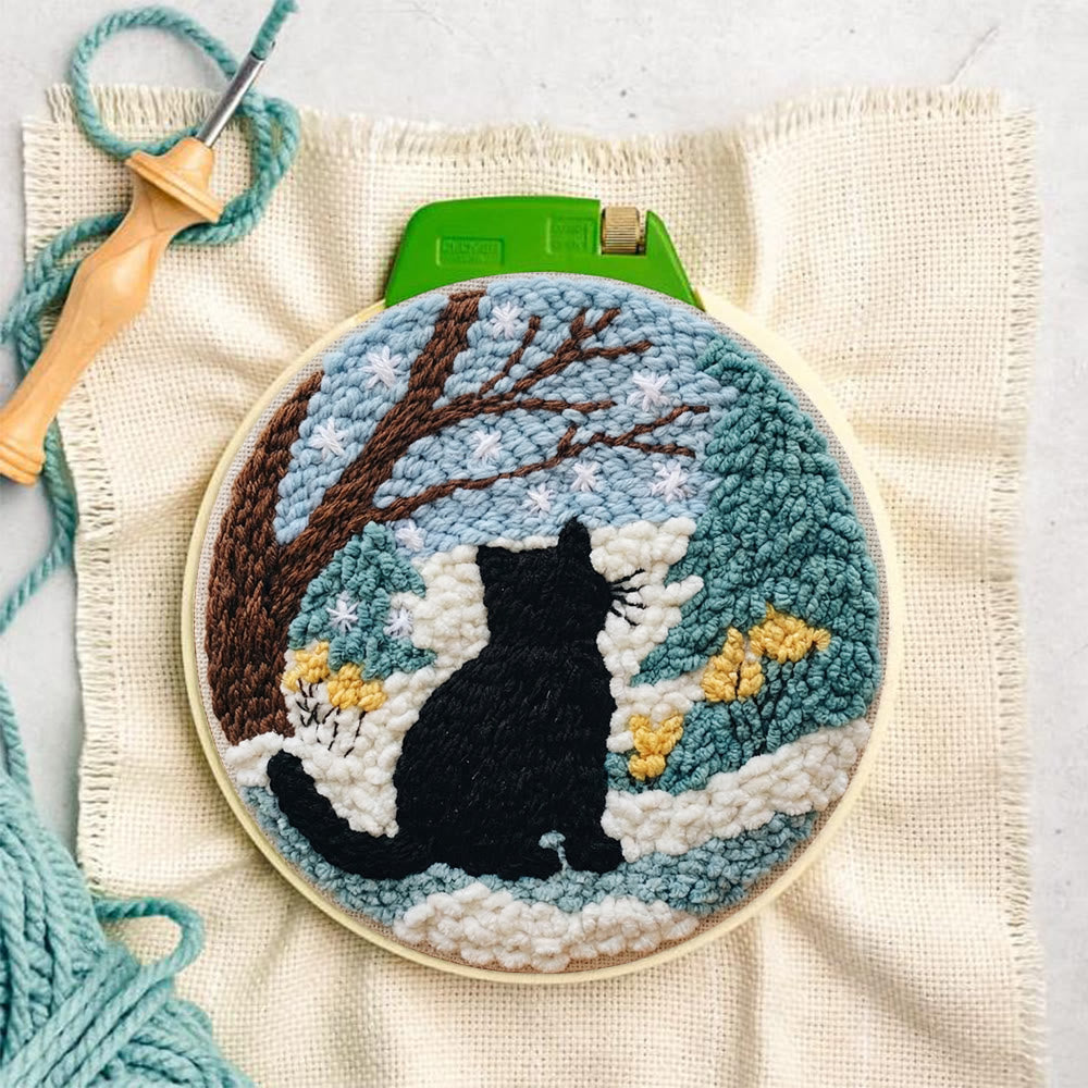 Snowy Winter Black Cat Punch Needle Kit – Starter Hoop Craft | Wintry Home Accent - image 5