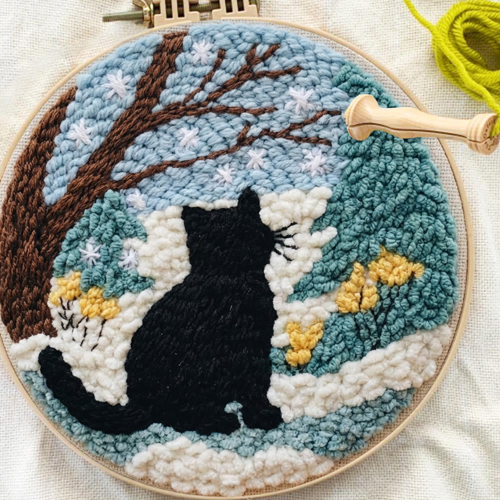 Snowy Winter Black Cat Punch Needle Kit – Starter Hoop Craft | Wintry Home Accent - image 7