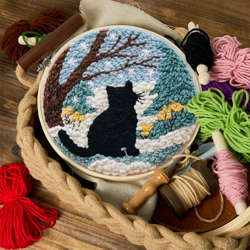 Snowy Winter Black Cat Punch Needle Kit – Starter Hoop Craft | Wintry Home Accent - image 10