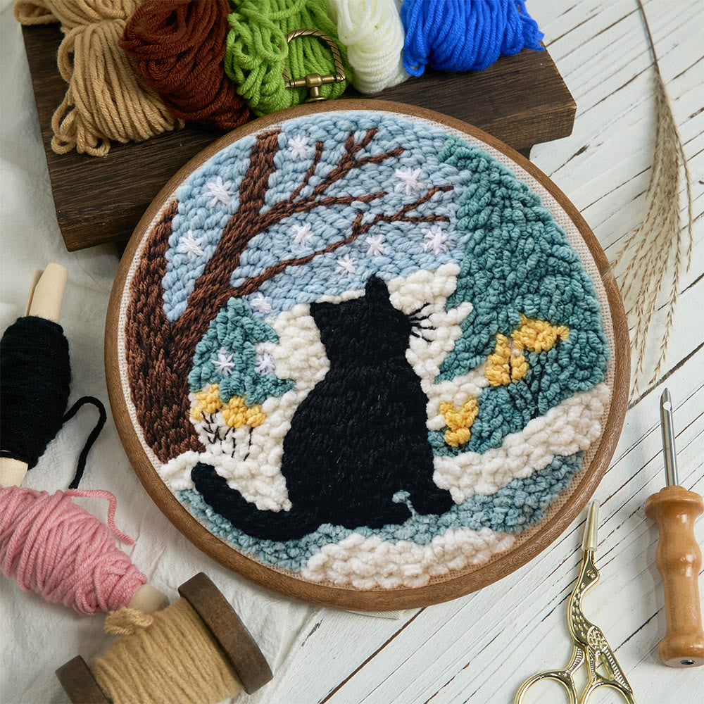 Snowy Winter Black Cat Punch Needle Kit – Starter Hoop Craft | Wintry Home Accent - image 11