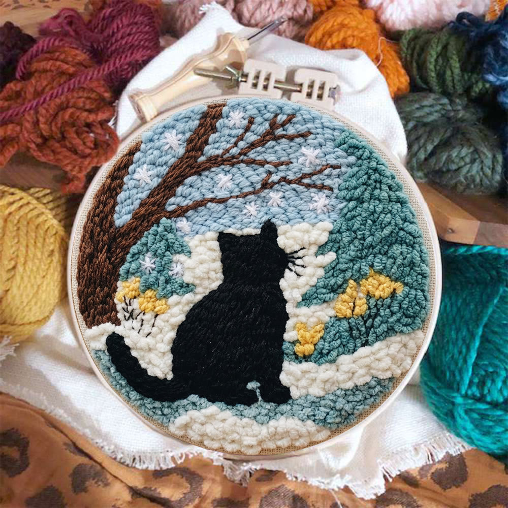 Snowy Winter Black Cat Punch Needle Kit – Starter Hoop Craft | Wintry Home Accent - image 6