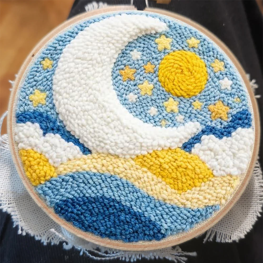 Starry Moon And Clouds Punch Needle Kit – Creative Diy Hoop Project | Unique Creative Project - image 1