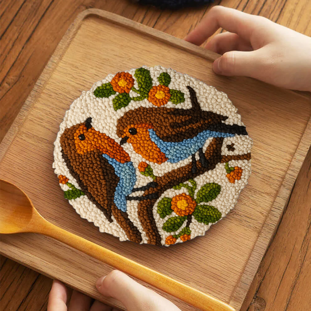 Twin Songbirds Floral Branch Punch Needle Kit – Diy Hand Embroidery | Elegant Home Decor Accent - 5 inch Coaster Kit - image 3