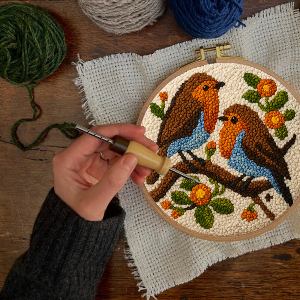 Twin Songbirds Floral Branch Punch Needle Kit – Diy Hand Embroidery | Elegant Home Decor Accent - image 1