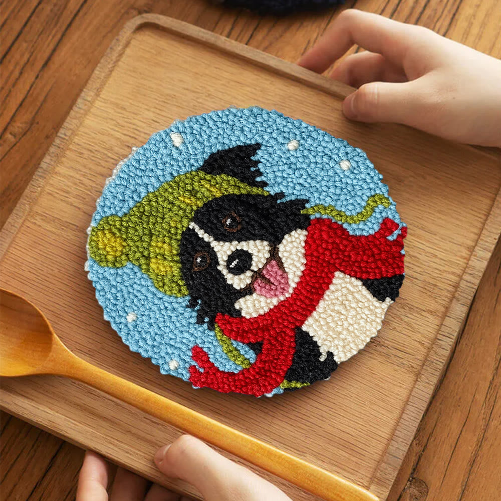 Winter Adorned Puppy Punch Needle Kit – Easy Beginner Artisanal Piece | Cute Decor Hanging - 5 inch Coaster Kit - image 3