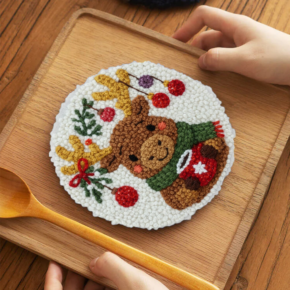 Cozy Christmas Moose Punch Needle – Embroidery Craft Set | Warm Winter Decor - 5 inch Coaster Kit - image 3